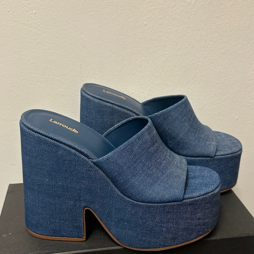 LARROUDE Women's Wanda Slip On
Platform Denim Slides In Blue Platform Sandals - Picture 8 of 16